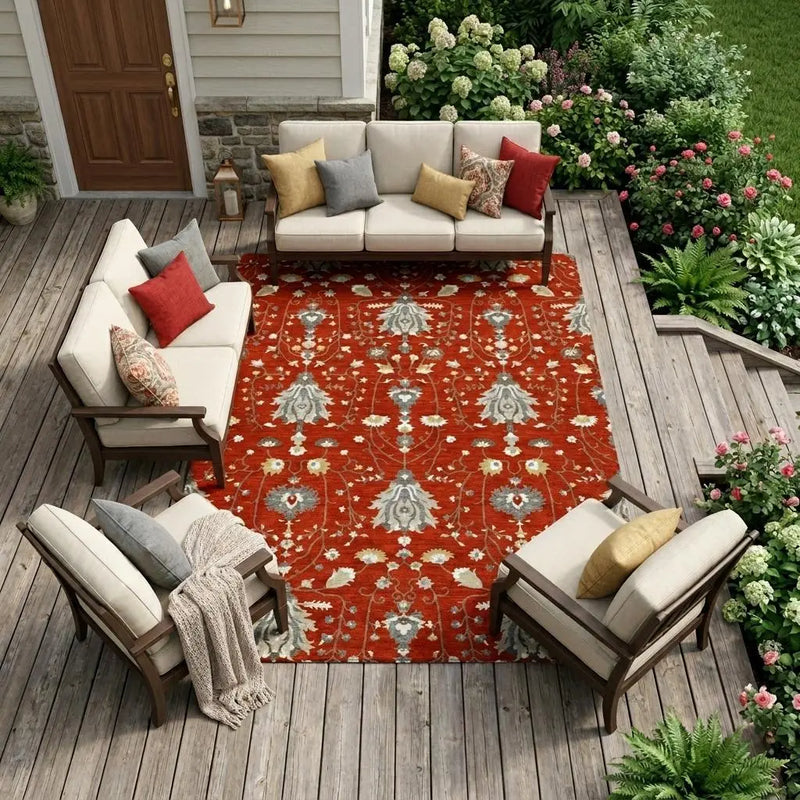 10' X 14' Red And Beige Oriental Washable Indoor Outdoor Area Rug Homeroots Outdoor