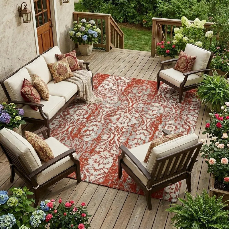 10' X 14' Red And Burgundy Damask Washable Indoor Outdoor Area Rug Homeroots Outdoor