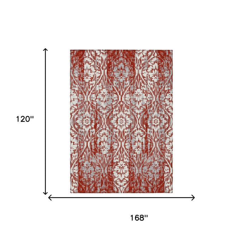 10' X 14' Red And Burgundy Damask Washable Indoor Outdoor Area Rug Homeroots Outdoor