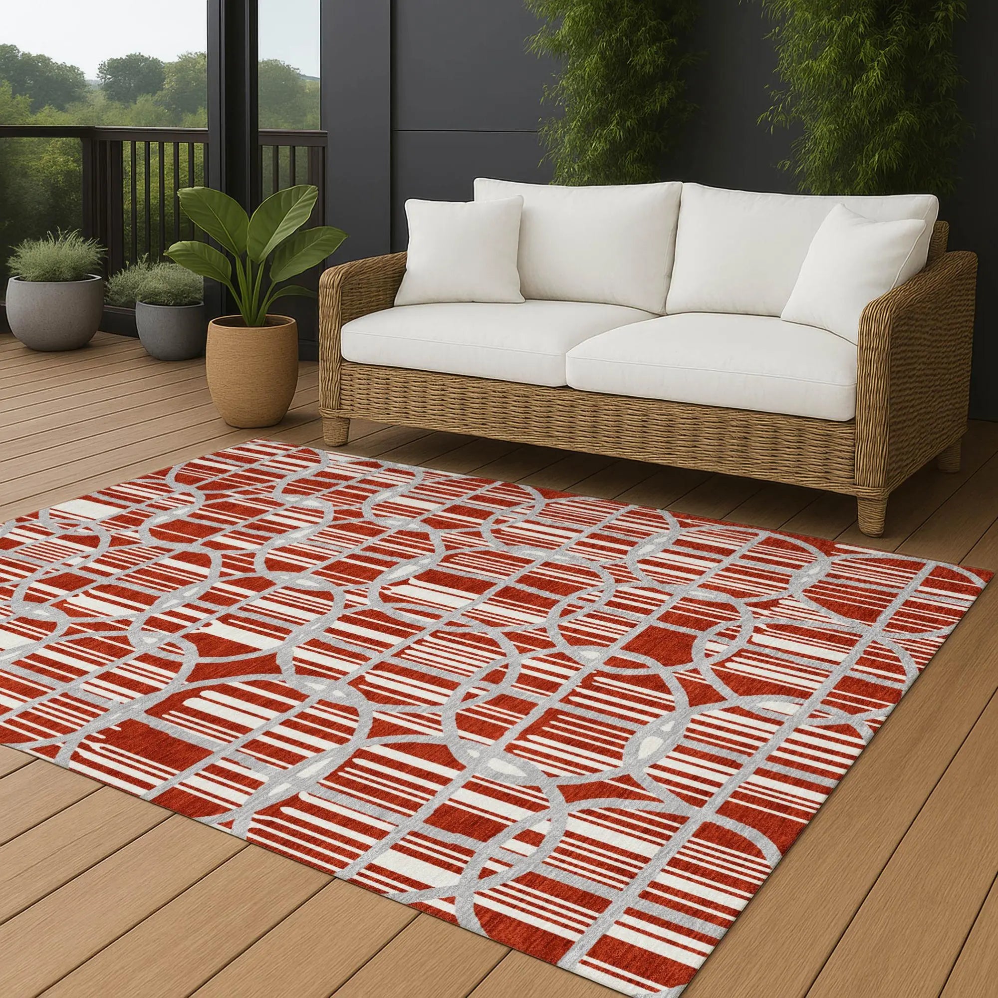 10' X 14' Red And Ivory Geometric Washable Indoor Outdoor Area Rug Homeroots Outdoor