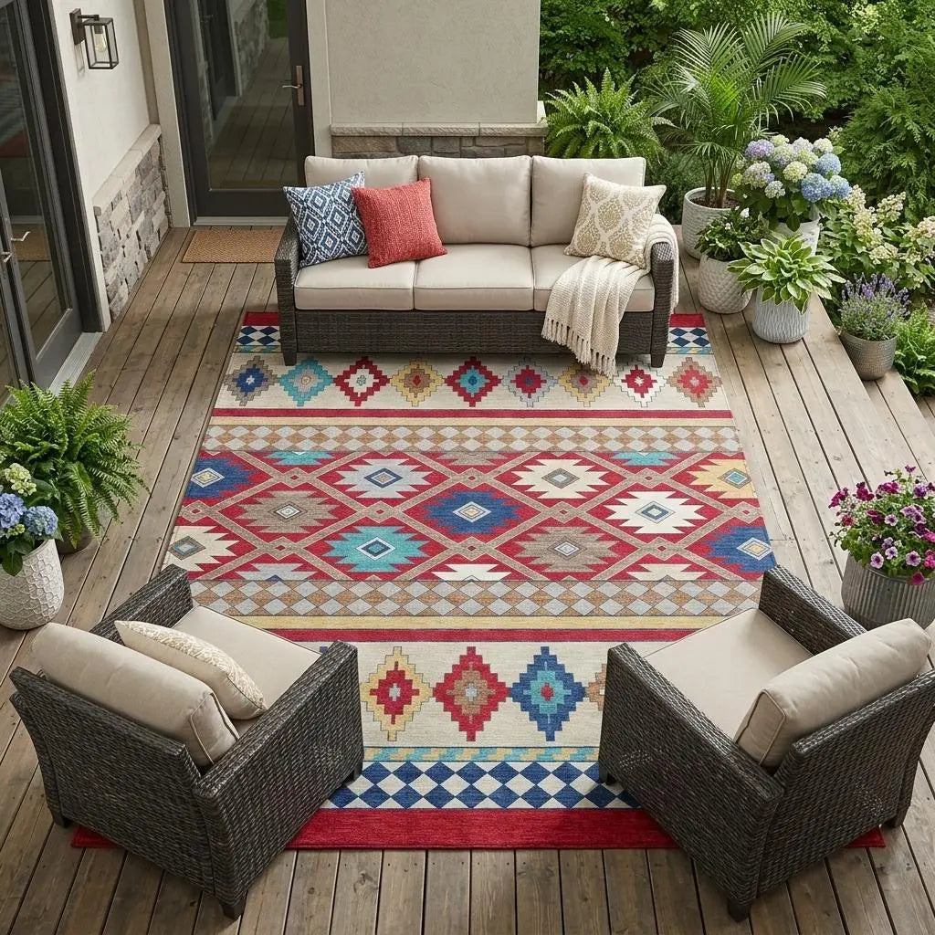 10' X 14' Red And Ivory Southwestern Washable Indoor Outdoor Area Rug Homeroots Outdoor