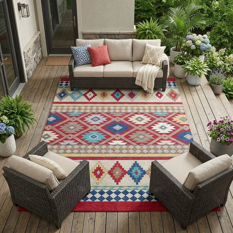 10' X 14' Red And Ivory Southwestern Washable Indoor Outdoor Area Rug Homeroots Outdoor