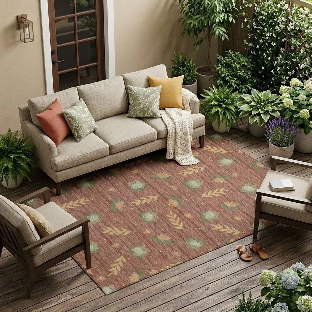 10' X 14' Red And Merlot Botanical Leaves Washable Indoor Outdoor Area Rug Homeroots Outdoor