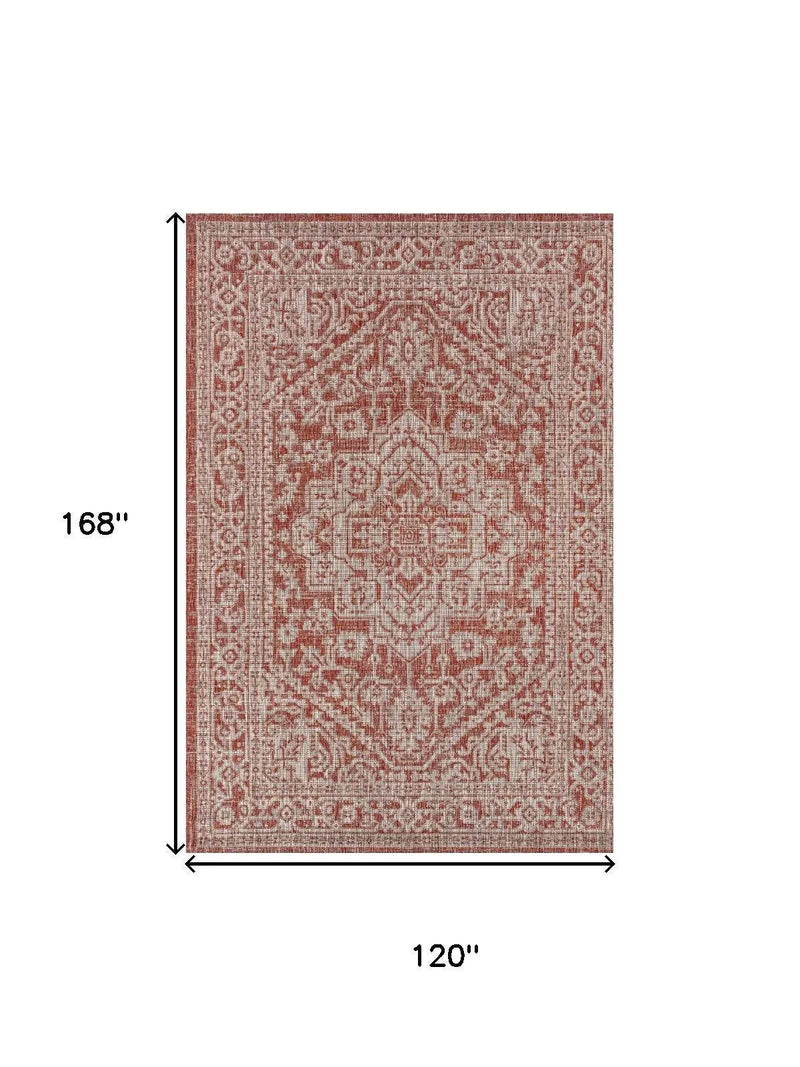 10' X 14' Red And Taupe Medallion Indoor Outdoor Area Rug Homeroots Outdoor