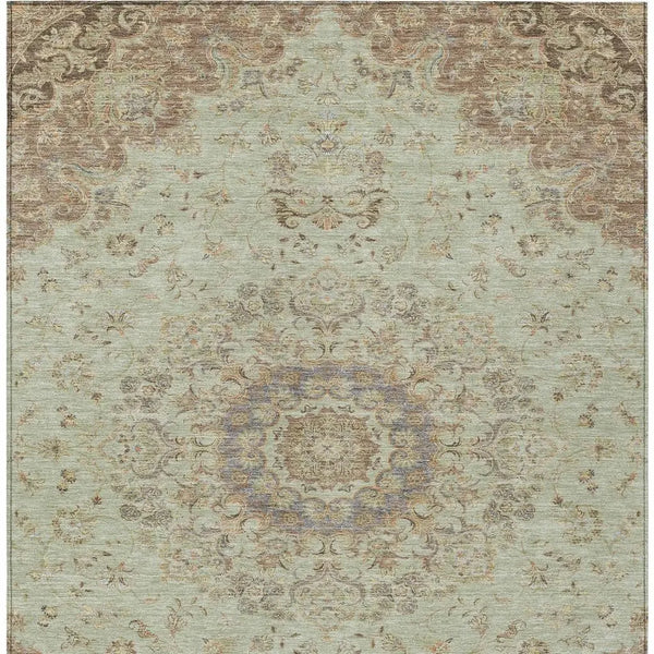 10' X 14' Sage And Brown Floral Medallion Washable Indoor Outdoor Area Rug Homeroots Outdoor