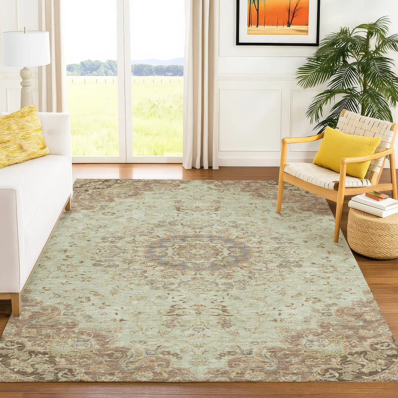 10' X 14' Sage And Brown Floral Medallion Washable Indoor Outdoor Area Rug Homeroots Outdoor