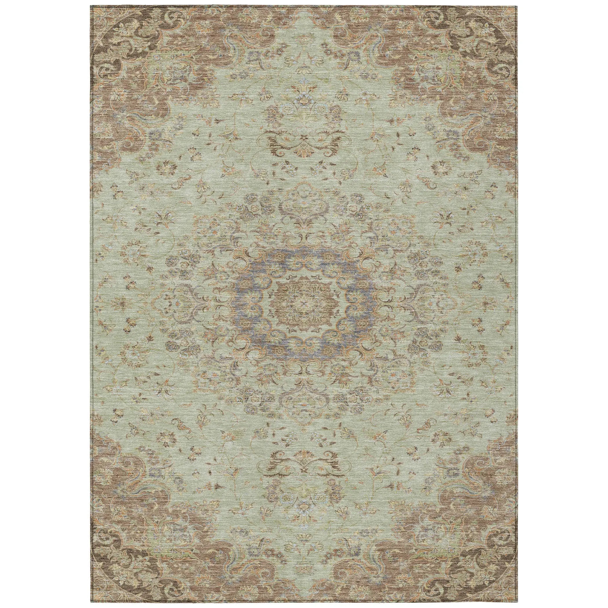10' X 14' Sage And Brown Floral Medallion Washable Indoor Outdoor Area Rug Homeroots Outdoor