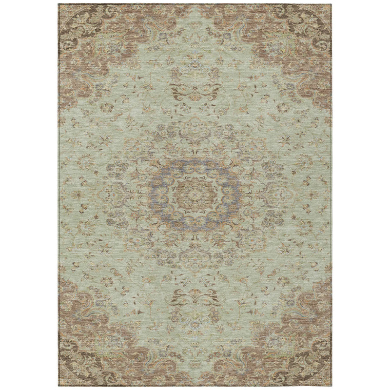10' X 14' Sage And Brown Floral Medallion Washable Indoor Outdoor Area Rug Homeroots Outdoor