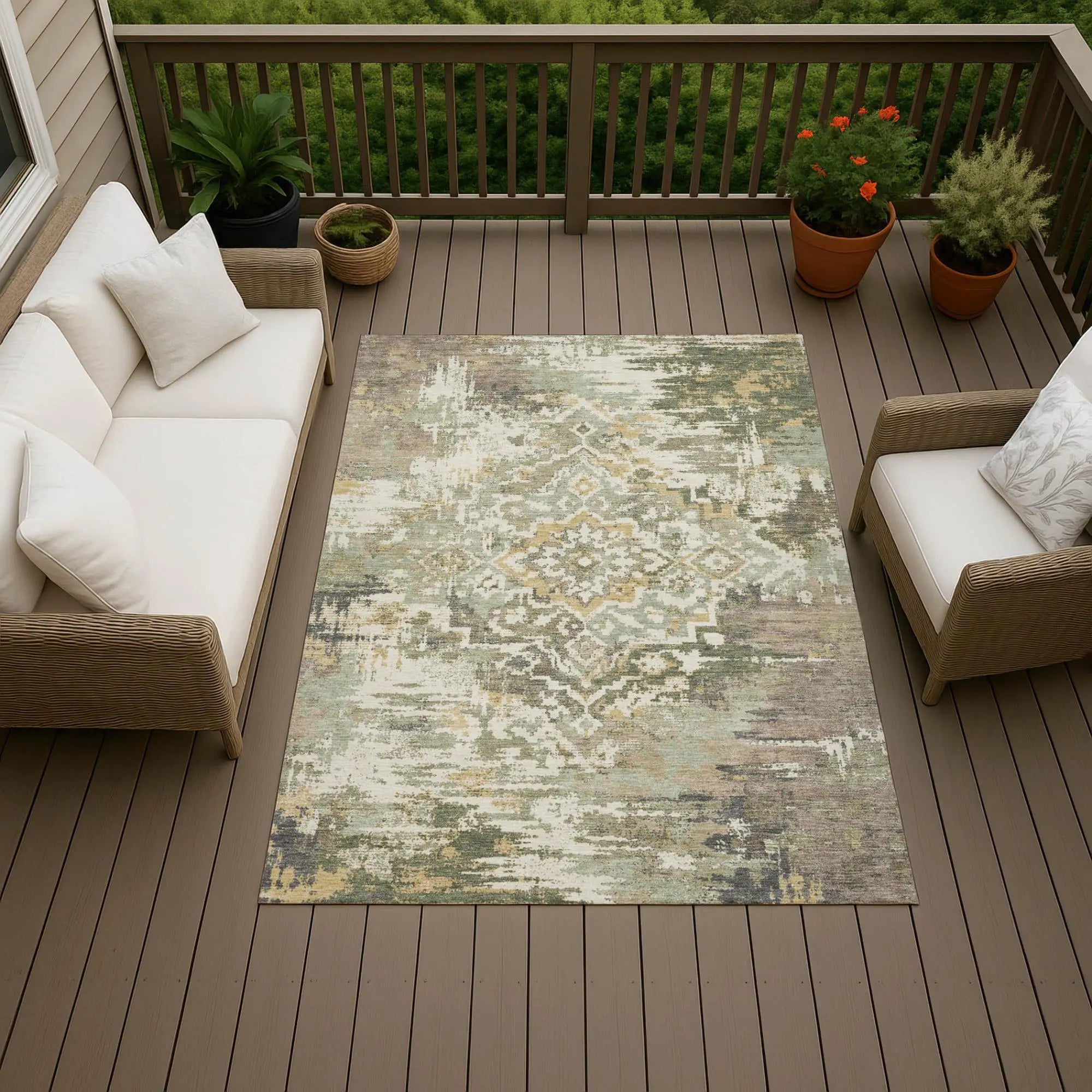 10' X 14' Sage And Green Medallion Washable Indoor Outdoor Area Rug Homeroots Outdoor