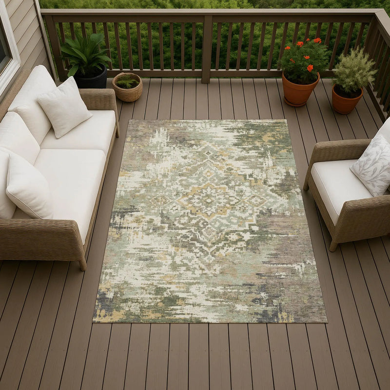 10' X 14' Sage And Green Medallion Washable Indoor Outdoor Area Rug Homeroots Outdoor