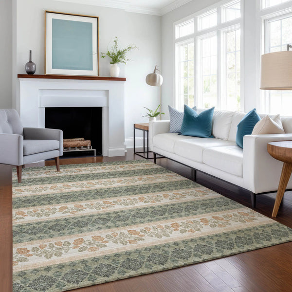 10' X 14' Sage And Ivory Striped Washable Indoor Outdoor Area Rug Homeroots Outdoor