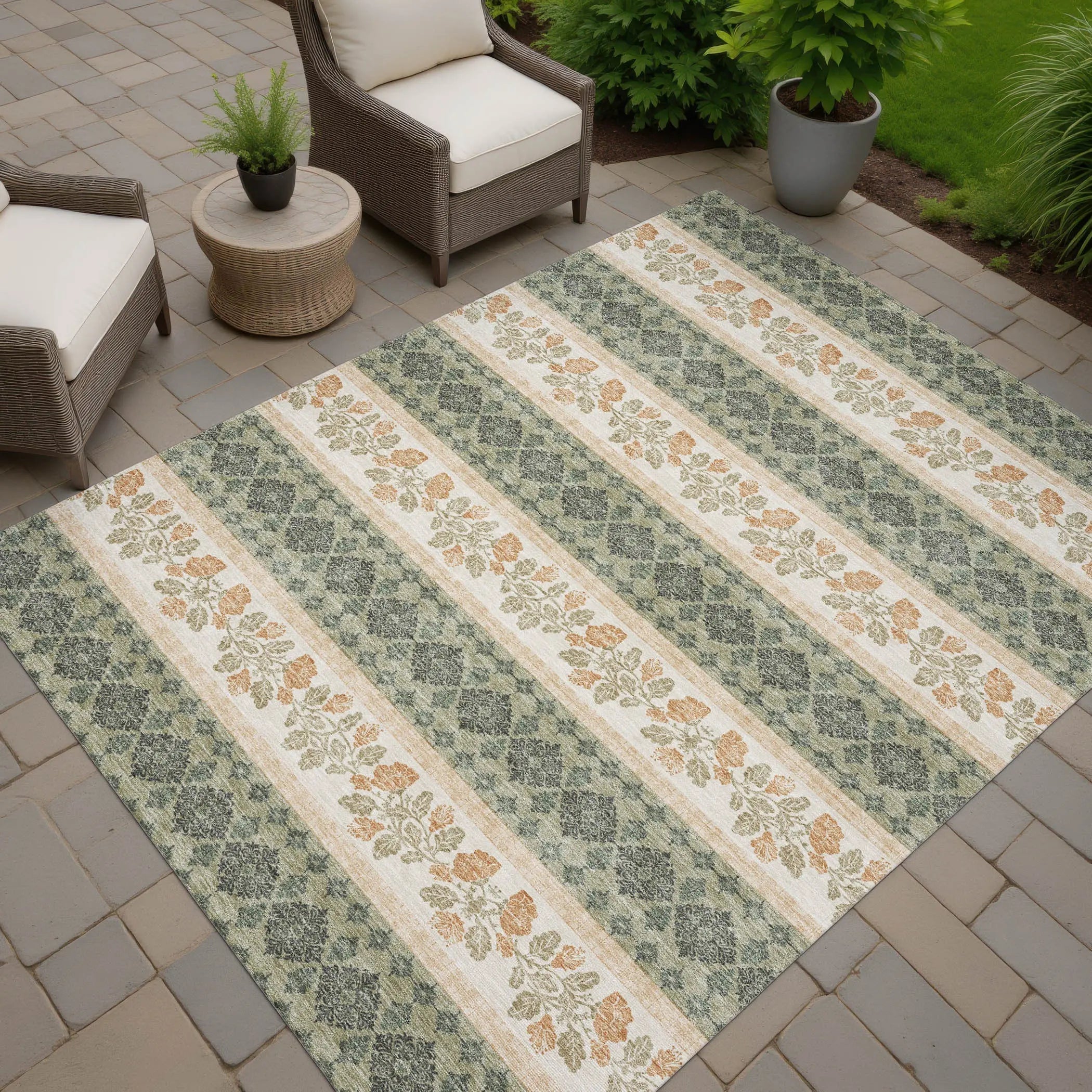 10' X 14' Sage And Ivory Striped Washable Indoor Outdoor Area Rug Homeroots Outdoor