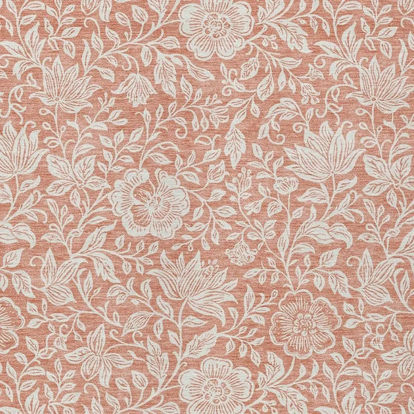 Floral print fabric in blush pink and cream, featuring intricate botanical design, perfect for upholstery or crafts.