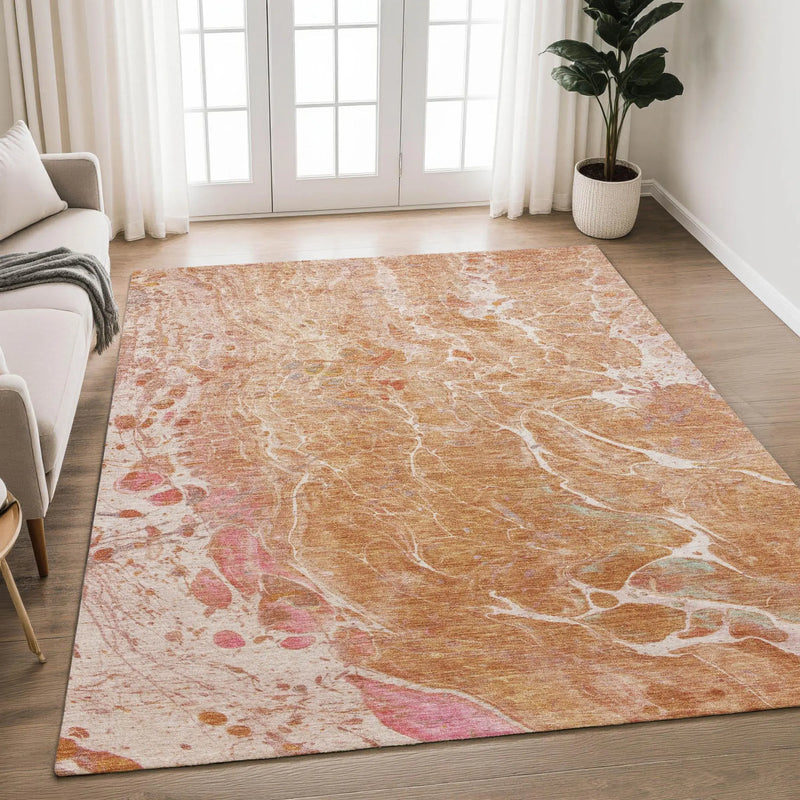 10' X 14' Salmon And Orange Abstract Washable Indoor Outdoor Area Rug Homeroots Outdoor