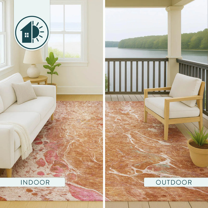 10' X 14' Salmon And Orange Abstract Washable Indoor Outdoor Area Rug Homeroots Outdoor