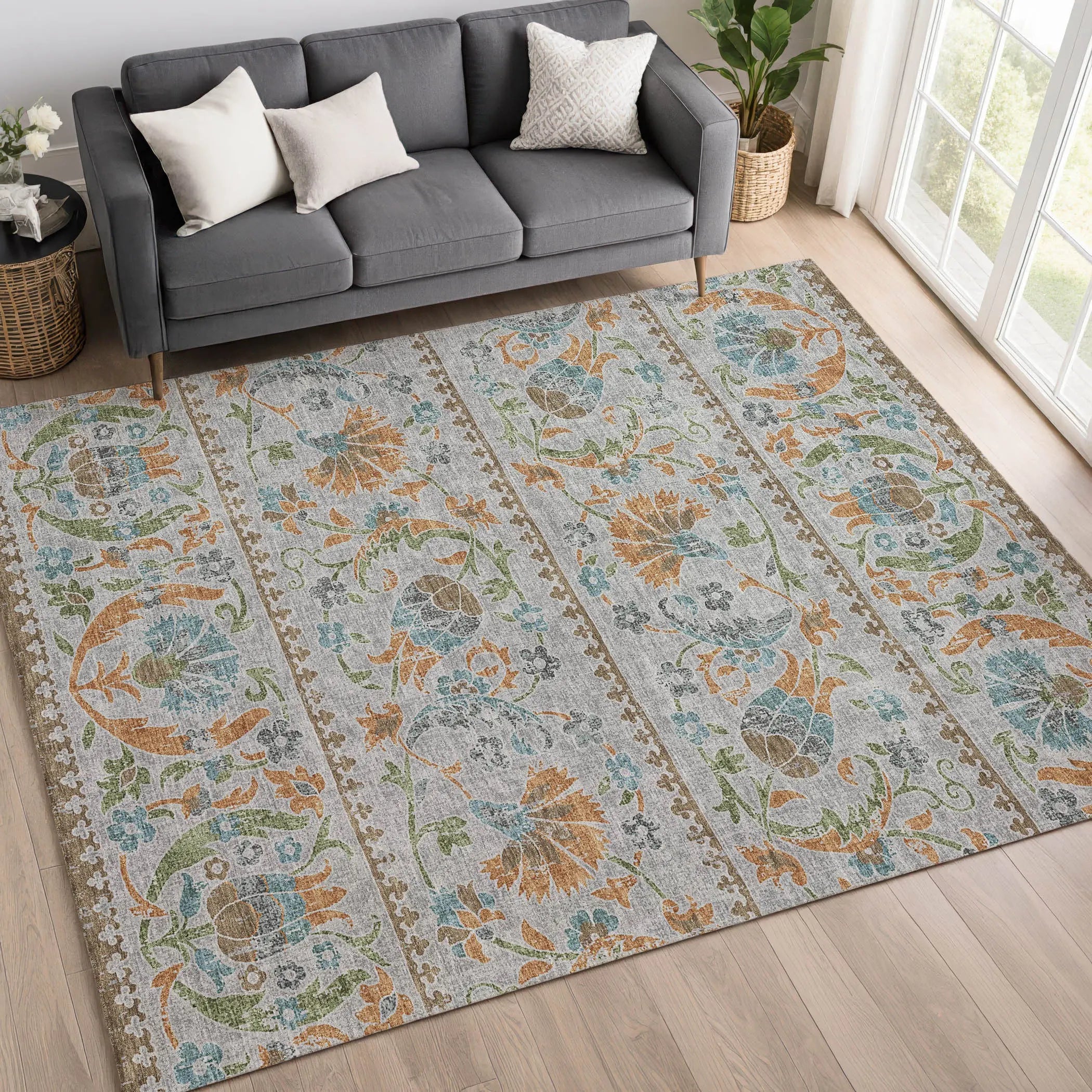 10' X 14' Silver And Brown Floral Washable Indoor Outdoor Area Rug Homeroots Outdoor