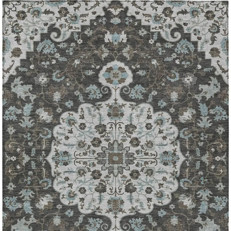 10' X 14' Silver And Charcoal Floral Medallion Washable Indoor Outdoor Area Rug Homeroots Outdoor