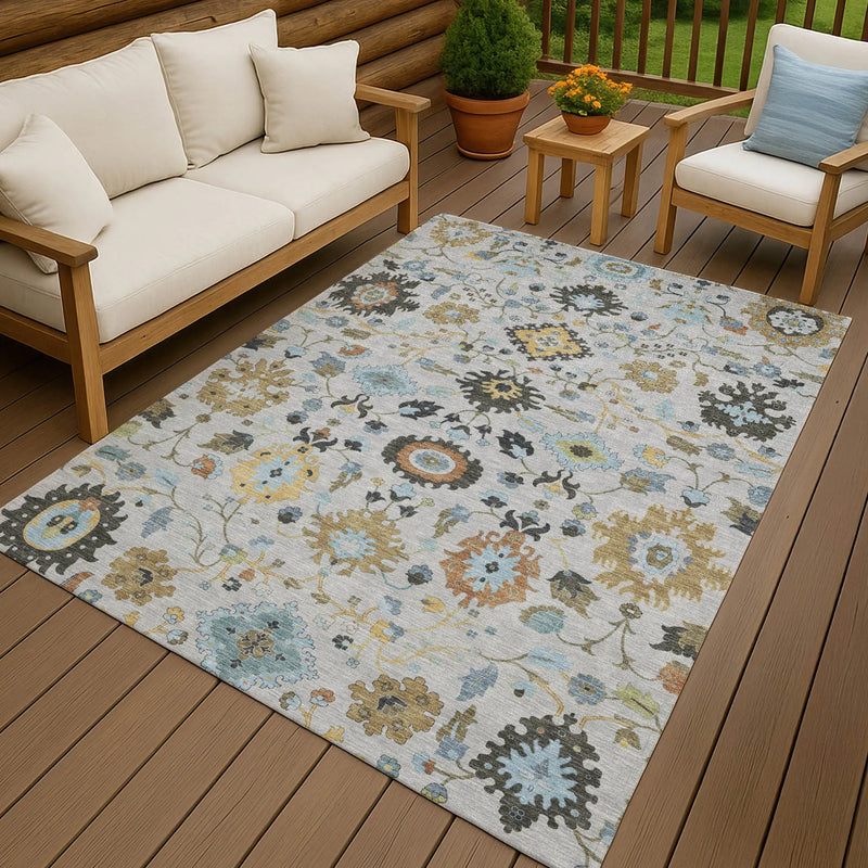 10' X 14' Silver And Charcoal Floral Medallion Washable Indoor Outdoor Area Rug Homeroots Outdoor
