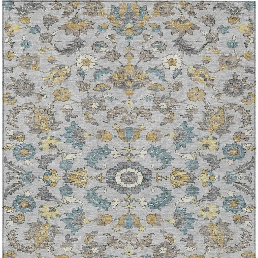 10' X 14' Silver And Gray Floral Medallion Washable Indoor Outdoor Area Rug Homeroots Outdoor