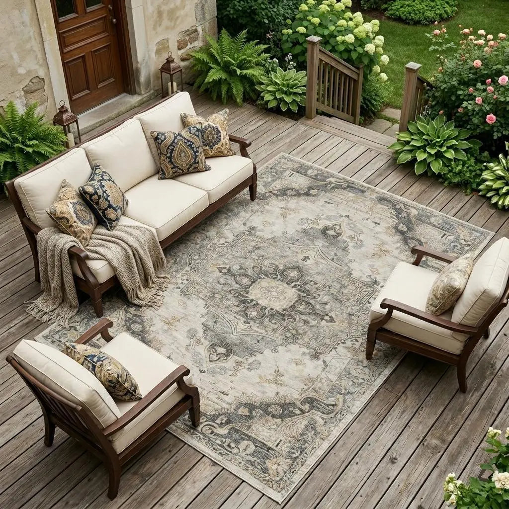 10' X 14' Silver And Gray Floral Medallion Washable Indoor Outdoor Area Rug Homeroots Outdoor