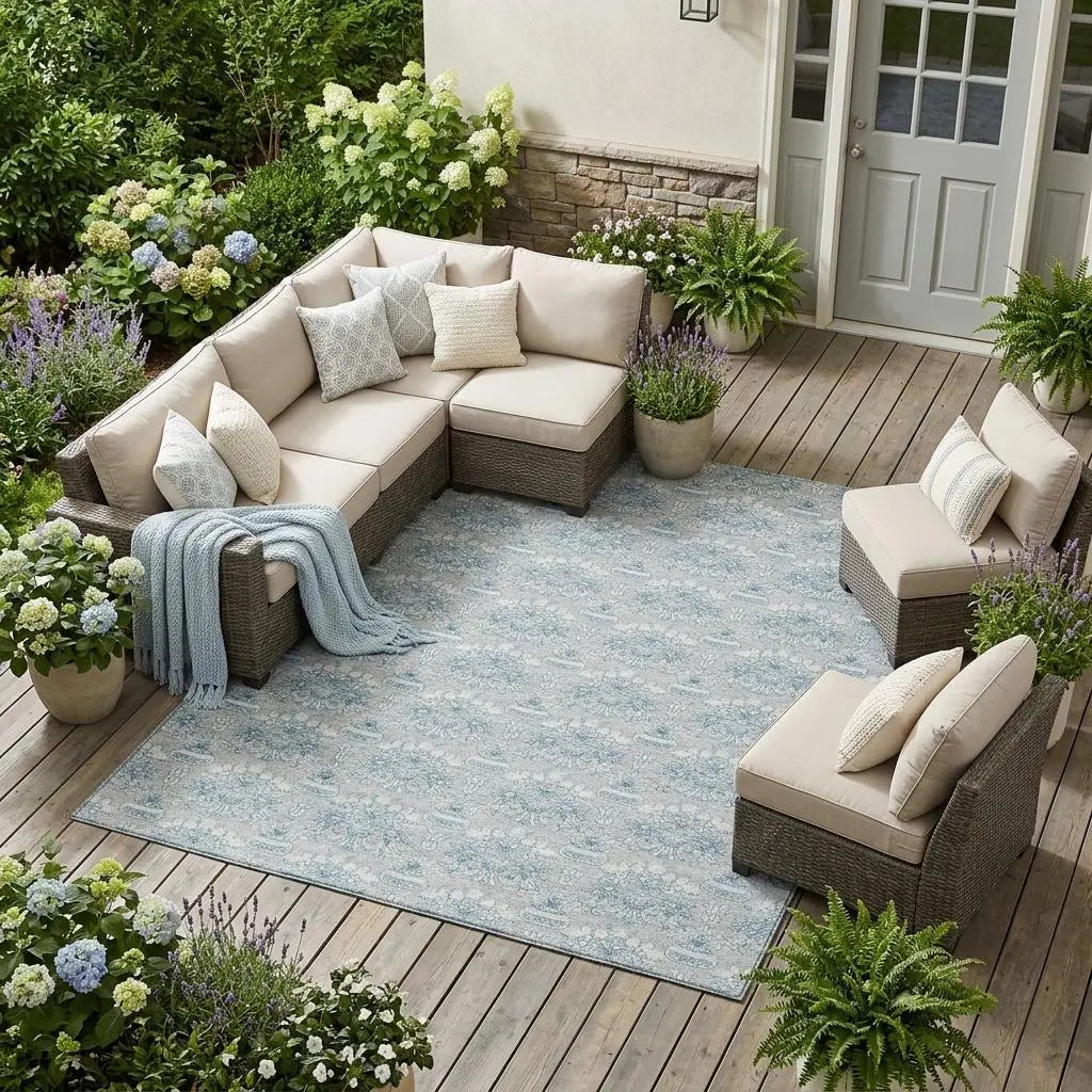 10' X 14' Silver And Gray Floral Washable Indoor Outdoor Area Rug Homeroots Outdoor