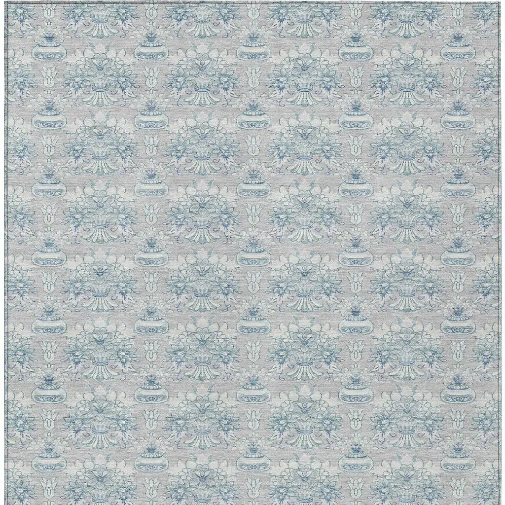 10' X 14' Silver And Gray Floral Washable Indoor Outdoor Area Rug Homeroots Outdoor
