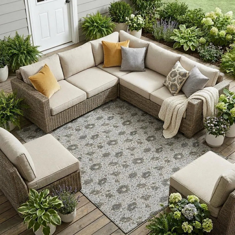10' X 14' Silver And Gray Floral Washable Indoor Outdoor Area Rug Homeroots Outdoor