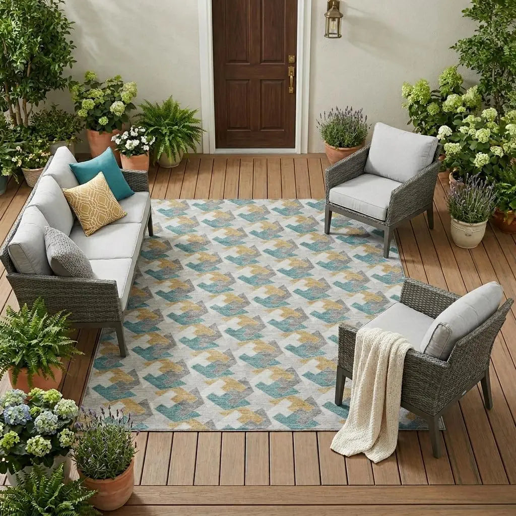 10' X 14' Silver And Gray Geometric Washable Indoor Outdoor Area Rug Homeroots Outdoor