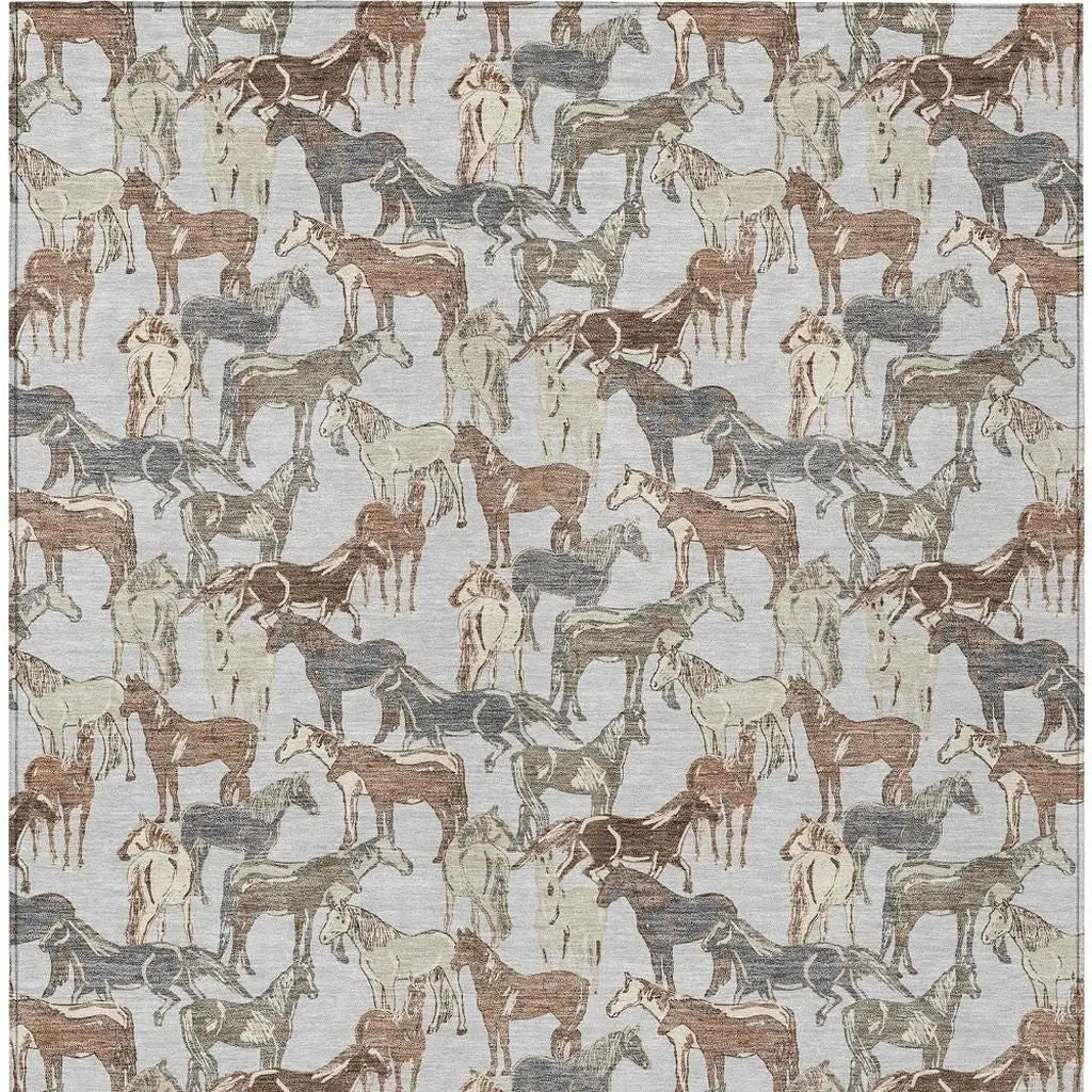 10' X 14' Silver And Gray Horse Washable Indoor Outdoor Area Rug Homeroots Outdoor