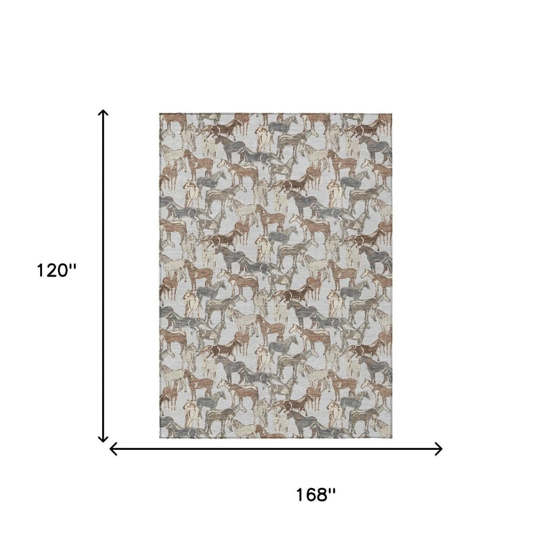 10' X 14' Silver And Gray Horse Washable Indoor Outdoor Area Rug Homeroots Outdoor