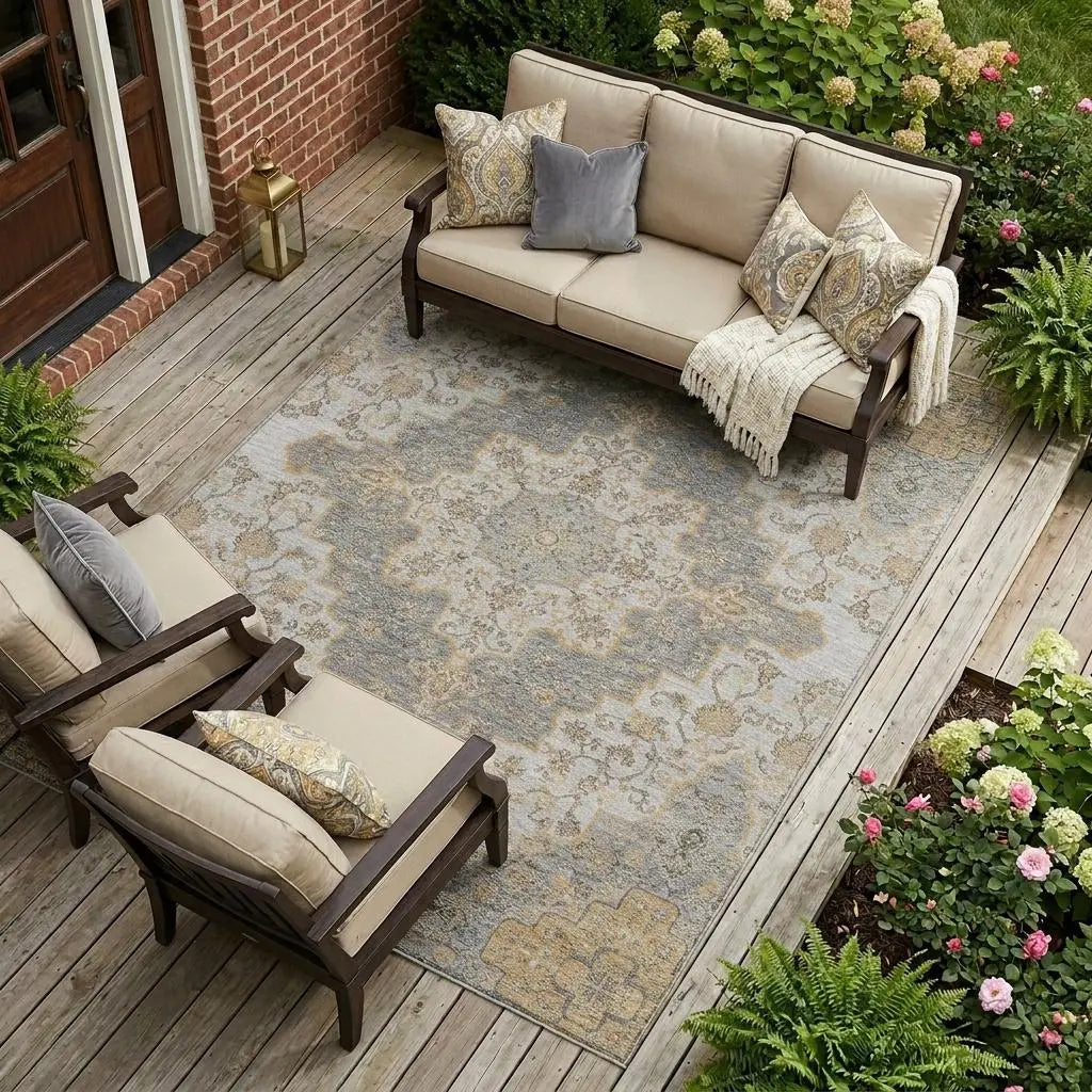10' X 14' Silver And Gray Medallion Washable Indoor Outdoor Area Rug Homeroots Outdoor