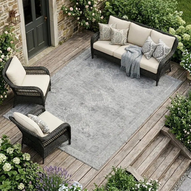 10' X 14' Silver And Gray Oriental Washable Indoor Outdoor Area Rug Homeroots Outdoor