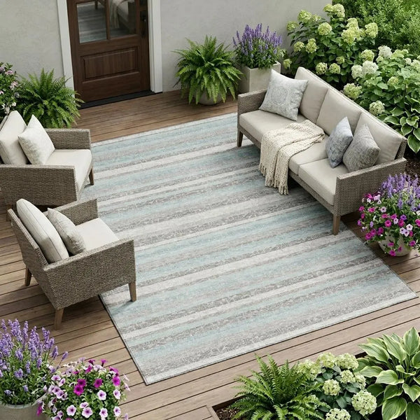 10' X 14' Silver And Gray Striped Washable Indoor Outdoor Area Rug Homeroots Outdoor