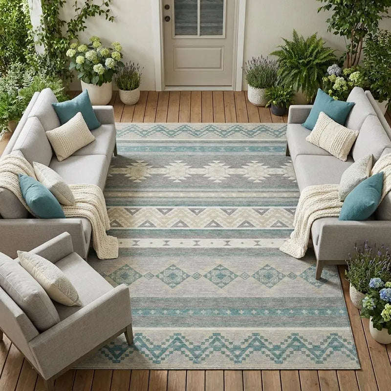 10' X 14' Silver And Teal Blue Southwestern Washable Indoor Outdoor Area Rug Homeroots Outdoor