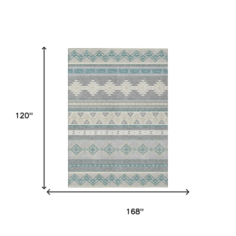 10' X 14' Silver And Teal Blue Southwestern Washable Indoor Outdoor Area Rug Homeroots Outdoor