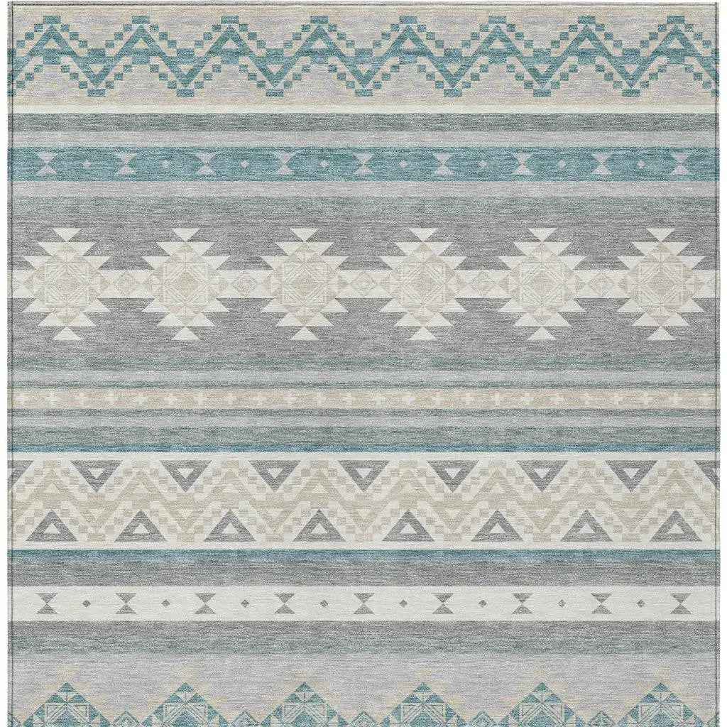 10' X 14' Silver And Teal Blue Southwestern Washable Indoor Outdoor Area Rug Homeroots Outdoor
