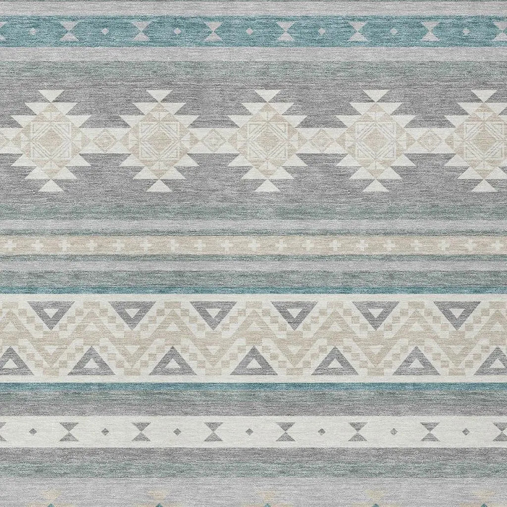 10' X 14' Silver And Teal Blue Southwestern Washable Indoor Outdoor Area Rug Homeroots Outdoor
