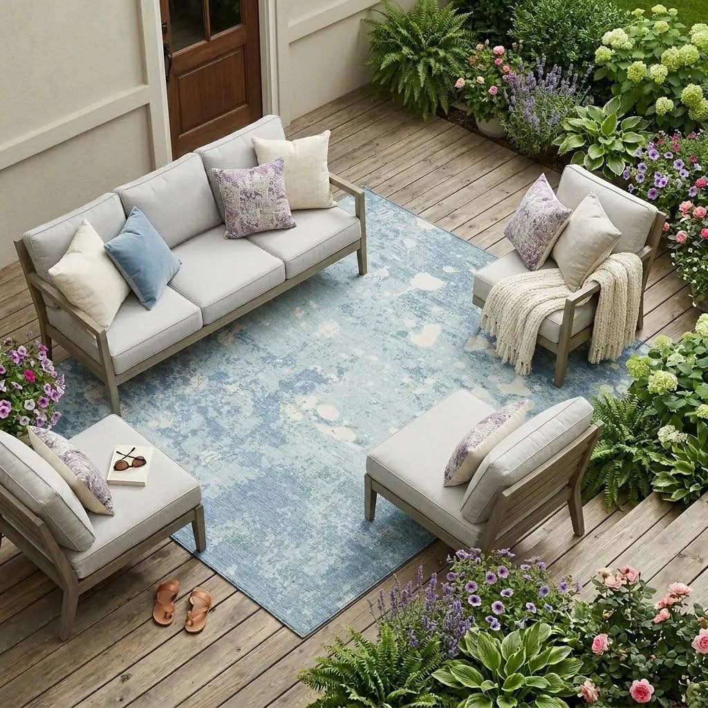 10' X 14' Sky Blue And Beige Abstract Washable Indoor Outdoor Area Rug Homeroots Outdoor