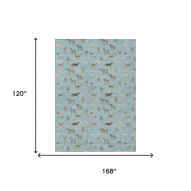 10' X 14' Sky Blue And Beige Horse Washable Indoor Outdoor Area Rug Homeroots Outdoor