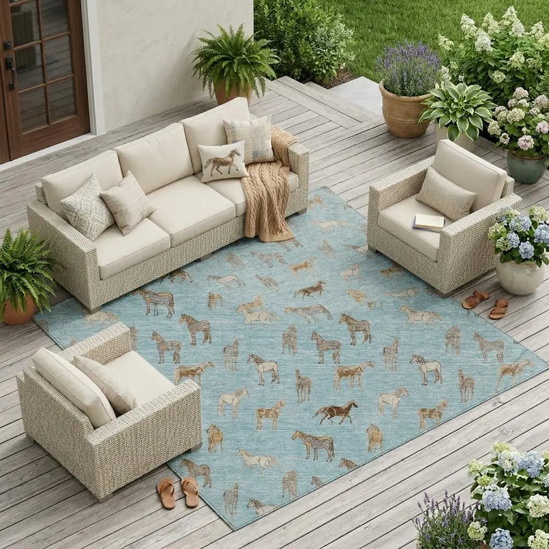 10' X 14' Sky Blue And Beige Horse Washable Indoor Outdoor Area Rug Homeroots Outdoor