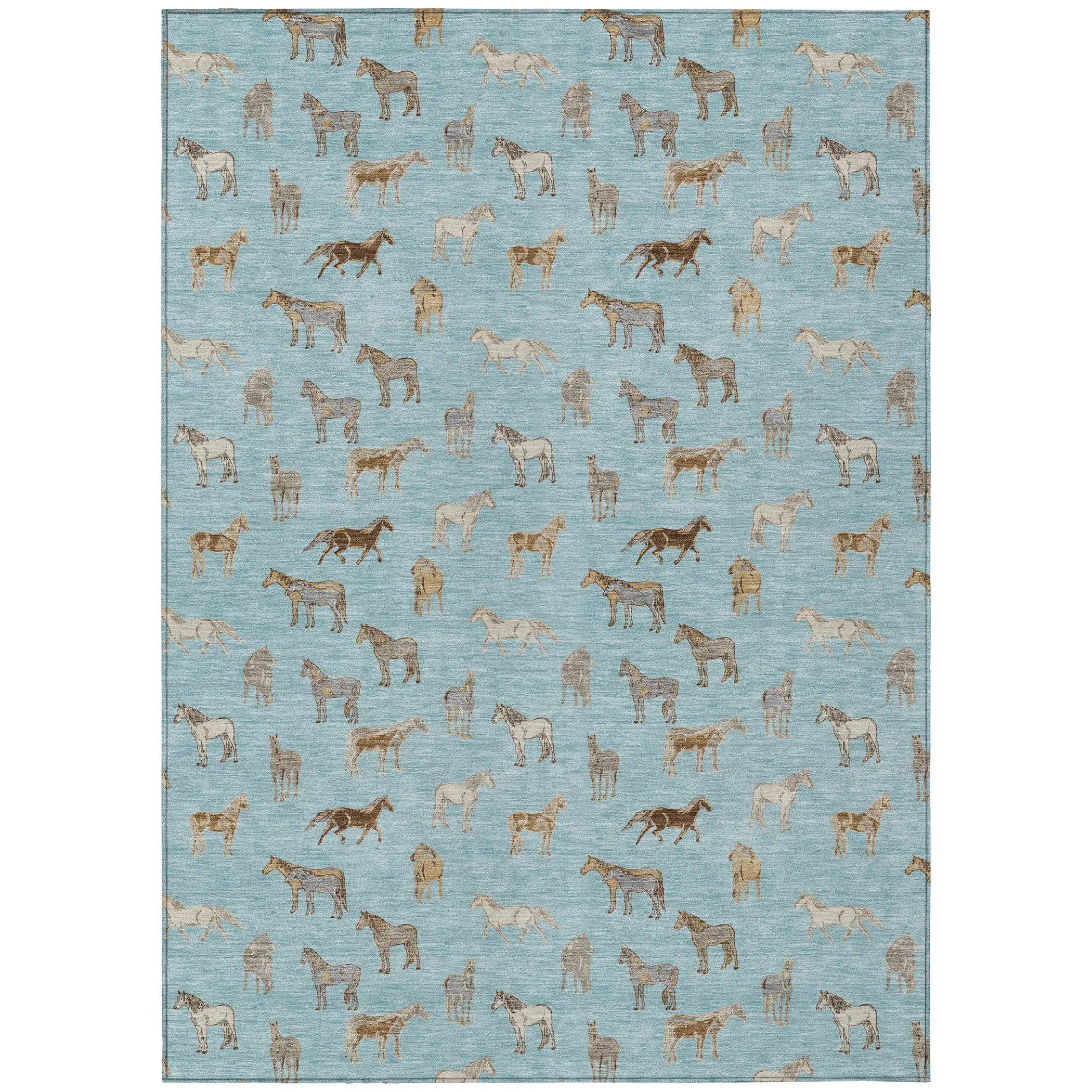 10' X 14' Sky Blue And Beige Horse Washable Indoor Outdoor Area Rug Homeroots Outdoor