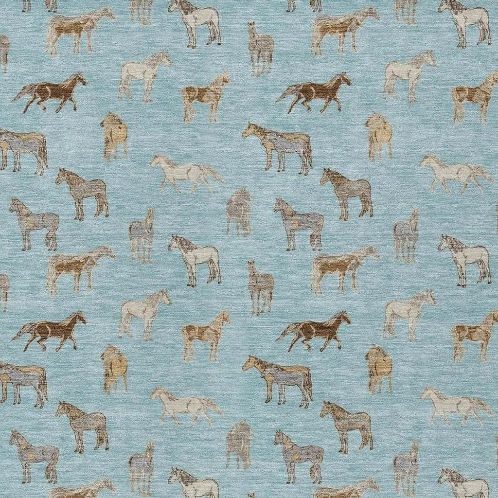 10' X 14' Sky Blue And Beige Horse Washable Indoor Outdoor Area Rug Homeroots Outdoor