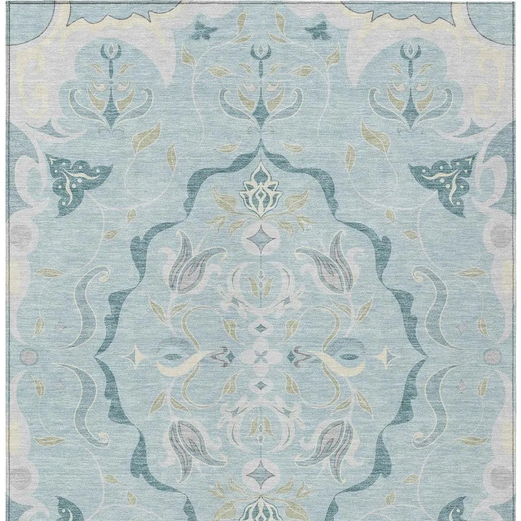 10' X 14' Sky Blue And Blue Damask Washable Indoor Outdoor Area Rug Homeroots Outdoor