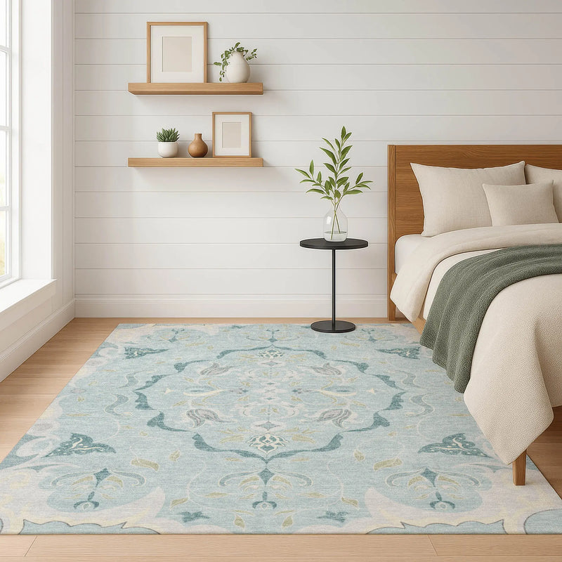 10' X 14' Sky Blue And Blue Damask Washable Indoor Outdoor Area Rug Homeroots Outdoor