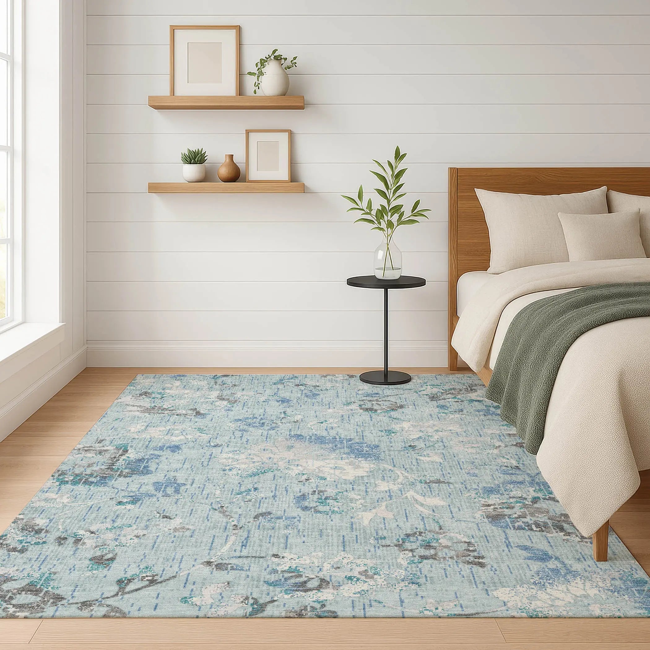 10' X 14' Sky Blue And Blue Floral Washable Indoor Outdoor Area Rug Homeroots Outdoor