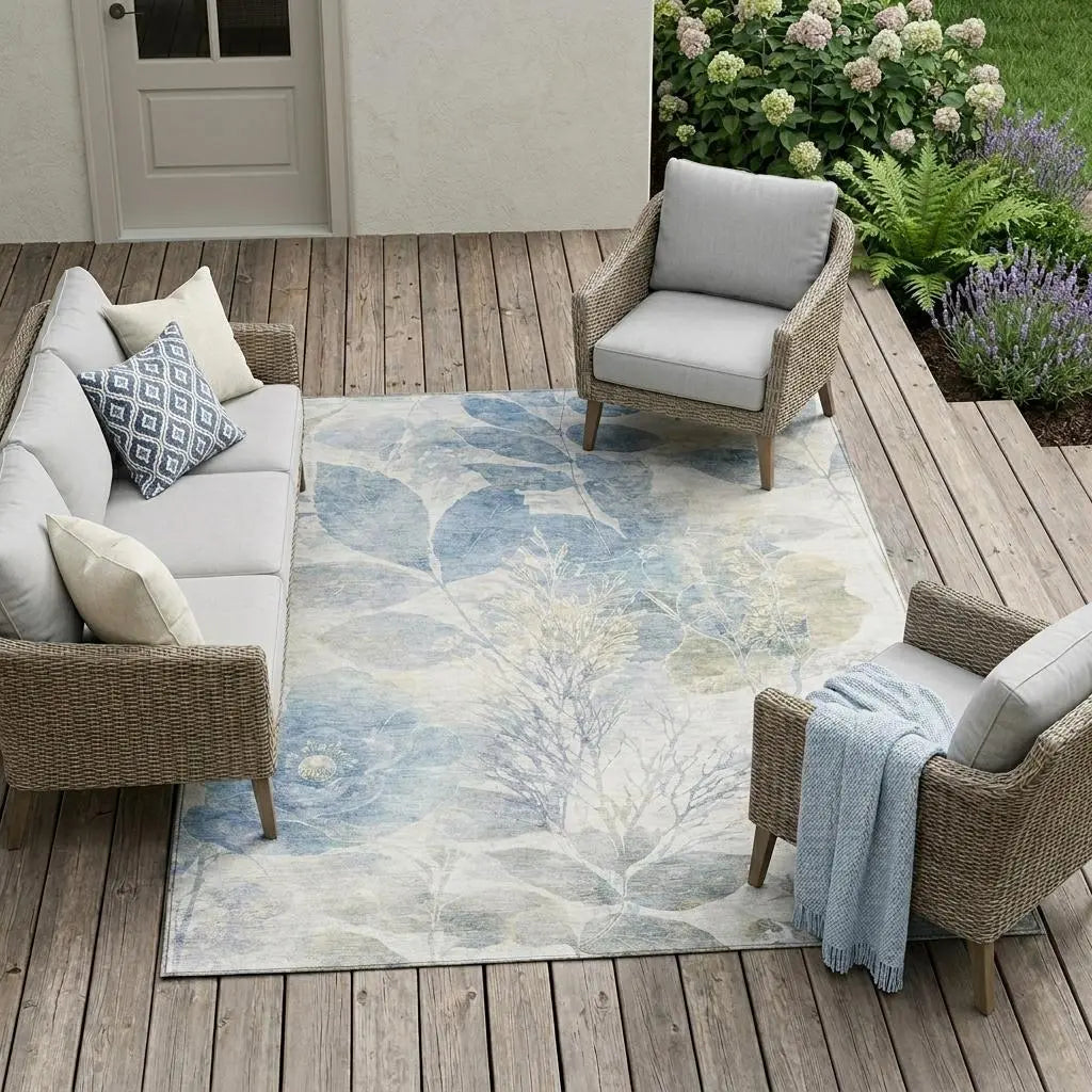 10' X 14' Sky Blue And Blue Floral Washable Indoor Outdoor Area Rug Homeroots Outdoor