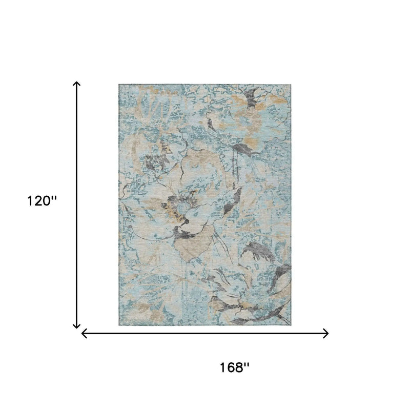 Blue floral area rug, 10x14 feet, made of soft polypropylene, modern design with abstract patterns and a textured finish.