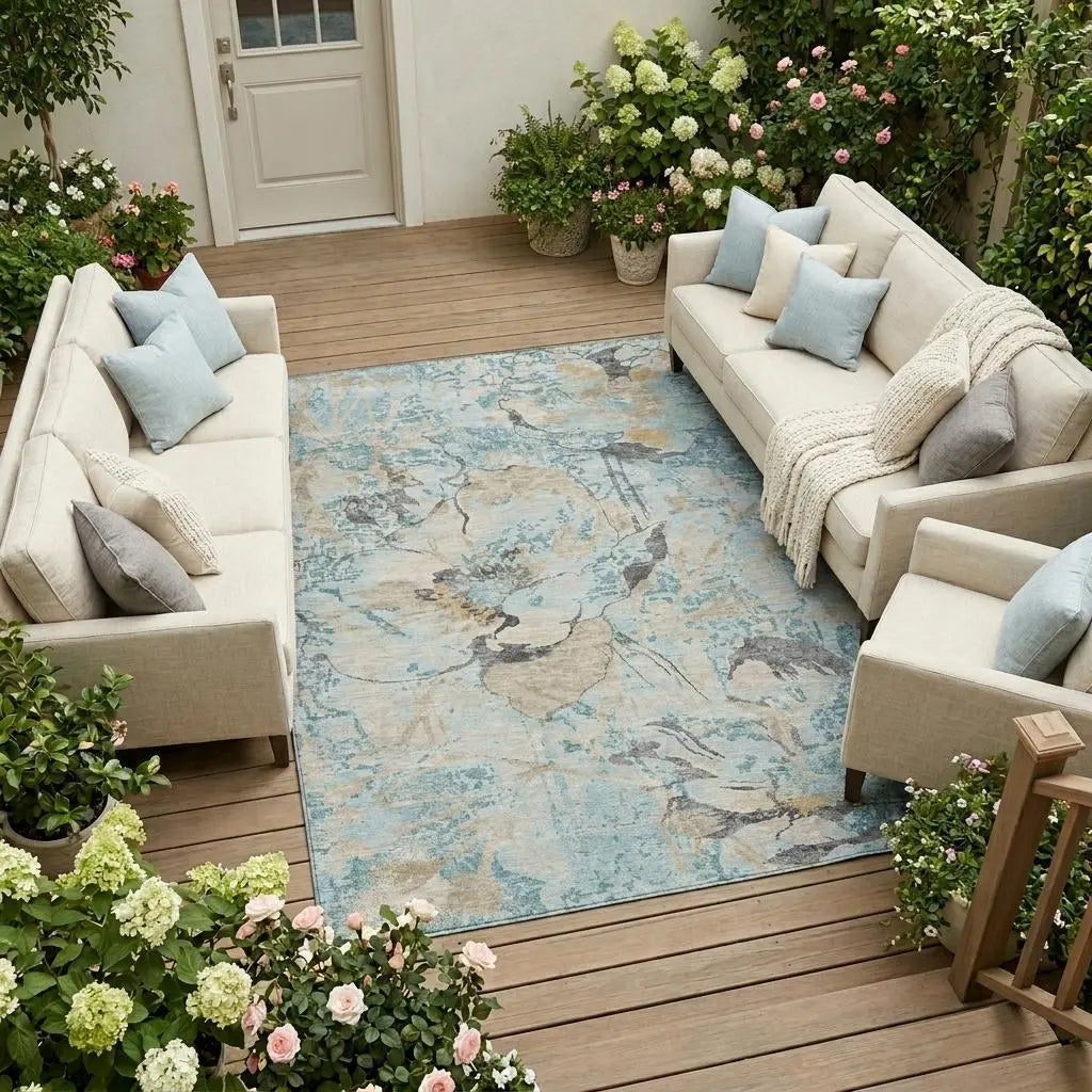 Light blue abstract area rug on wooden patio with beige sofas and soft cushions, surrounded by lush greenery and flowers.