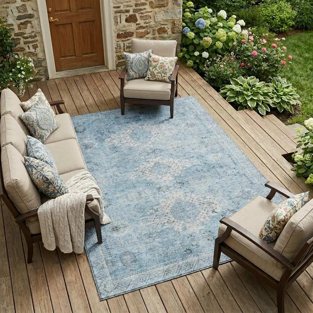 10' X 14' Sky Blue And Blue Oriental Washable Indoor Outdoor Area Rug Homeroots Outdoor