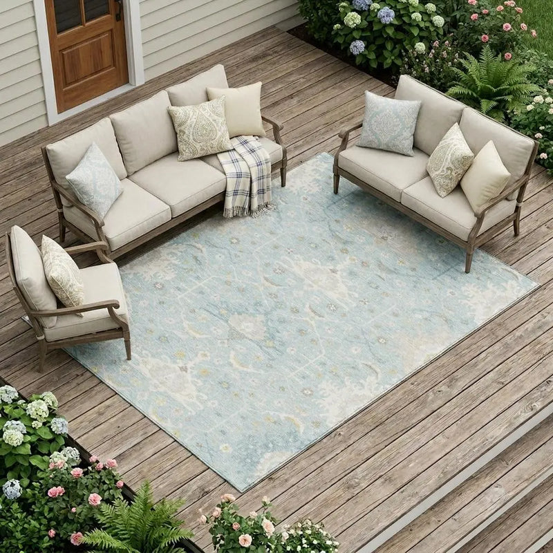 10' X 14' Sky Blue And Blue Oriental Washable Indoor Outdoor Area Rug Homeroots Outdoor